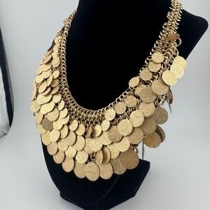 Coin Disc Bib Statement Necklace Natasha Gold Tone Textured